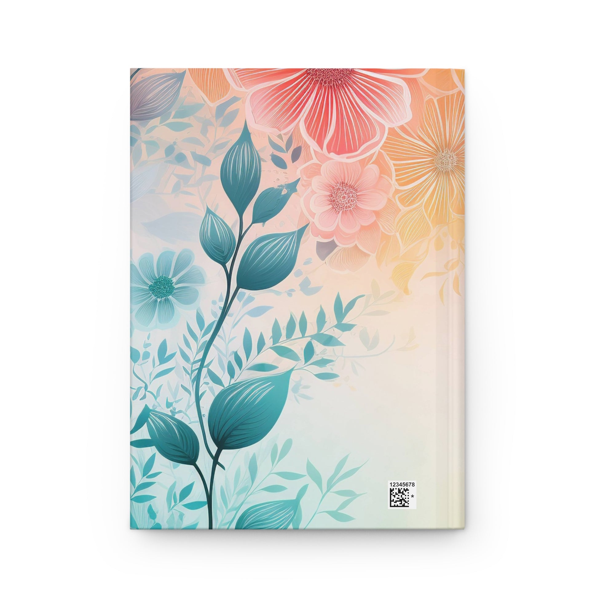 Back cover with blue leaves and pink flowers on a white background