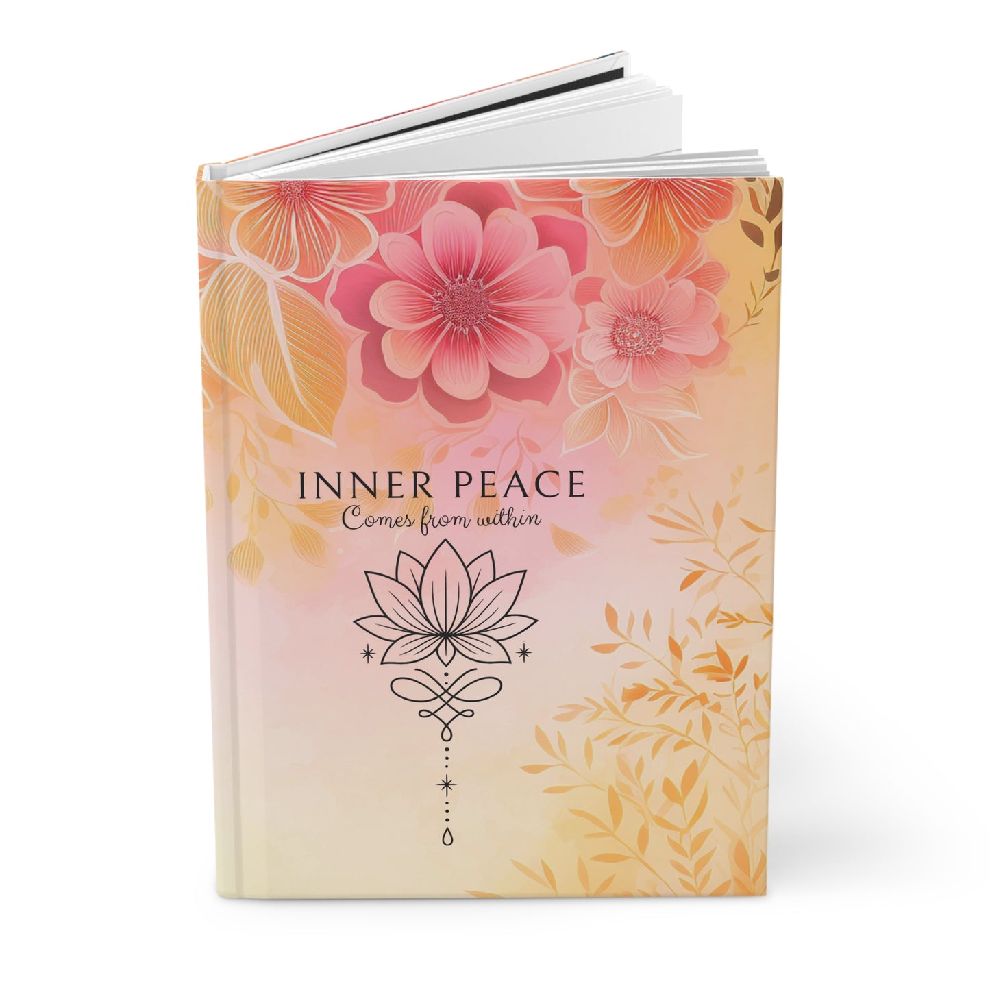 Hardcover journal with floral design and 'Inner Peace Comes from Within' text on a white background