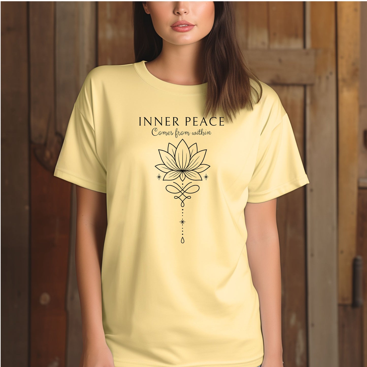 Person wearing a banana T-shirt featuring an “Inner Peace Comes from Within” design with a black line art lotus flower and elegant ornamental accents. The minimalist, symmetrical artwork conveys tranquility, mindfulness, and spiritual balance, making it perfect for yoga enthusiasts, meditation lovers, and those seeking calm, positive energy in their everyday style.