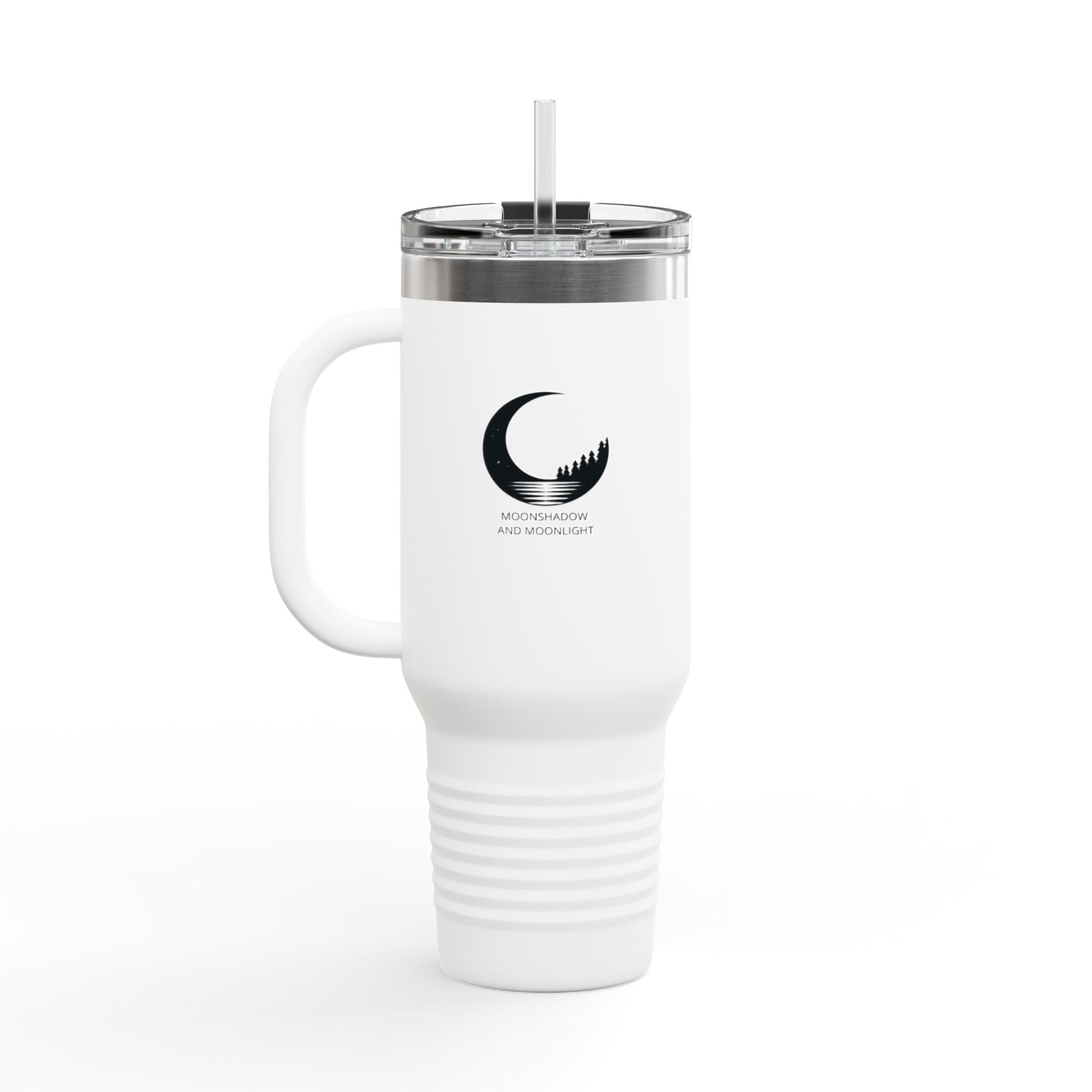 Stylish insulated 40 oz travel mug with the MoonShadow and MoonLight logo and straw.
