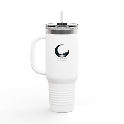 Stylish insulated 40 oz travel mug with the MoonShadow and MoonLight logo and straw.