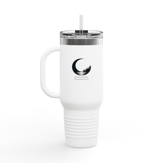 Stylish insulated 40 oz travel mug with the MoonShadow and MoonLight logo and straw.