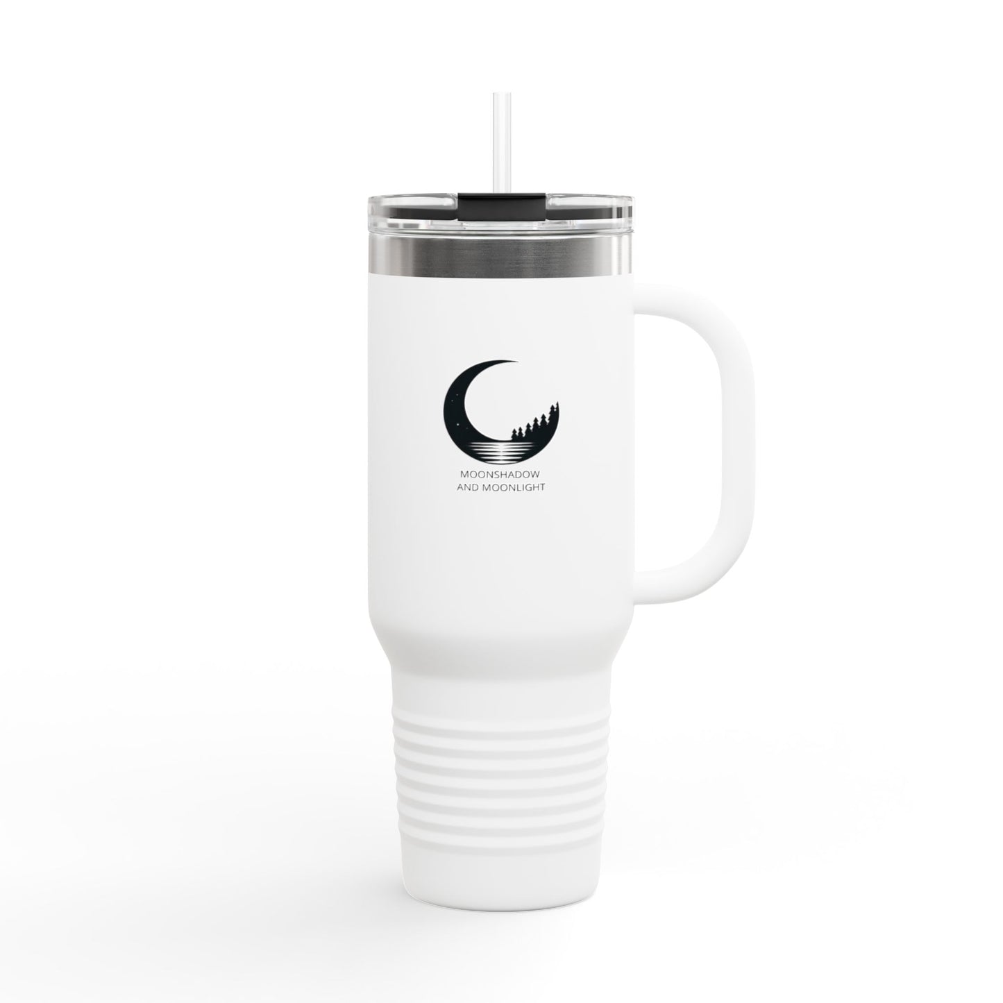 Stylish insulated 40 oz travel mug with the MoonShadow and MoonLight logo and straw.