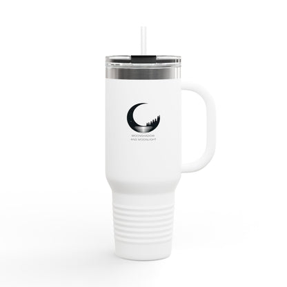 Stylish insulated 40 oz travel mug with the MoonShadow and MoonLight logo and straw.