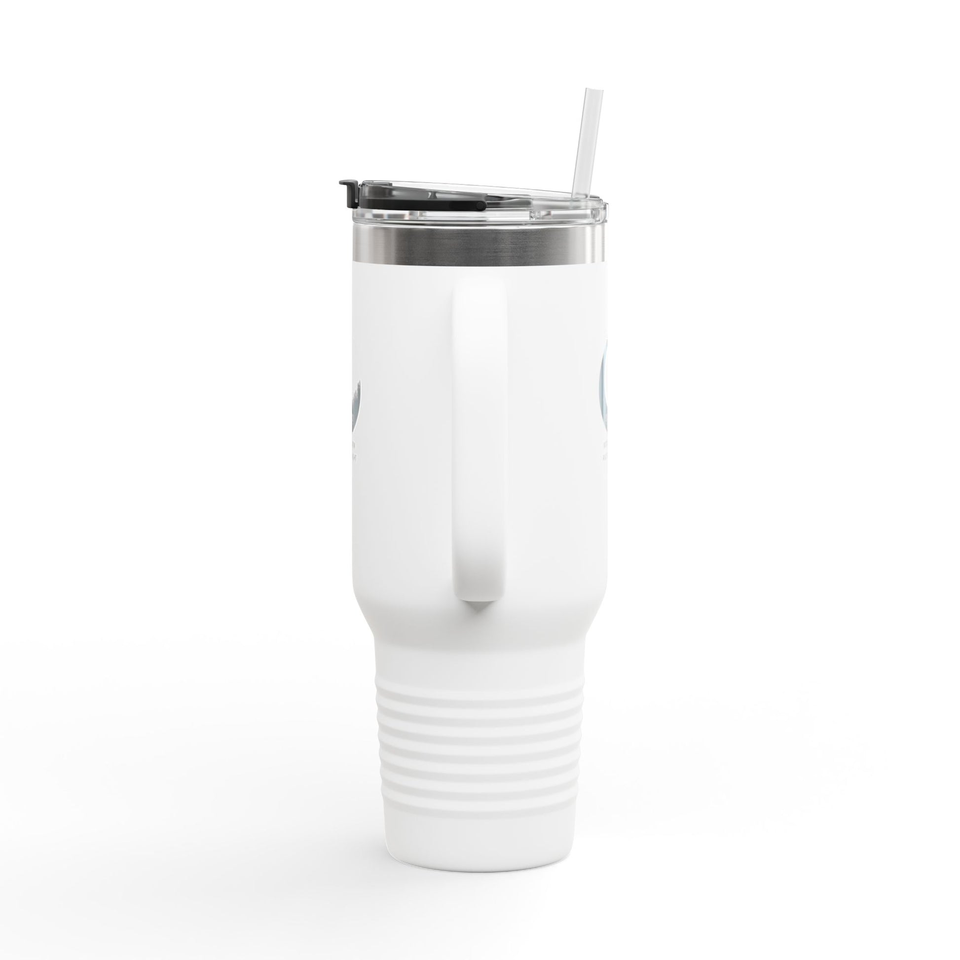 Stylish insulated 40 oz travel mug with the MoonShadow and MoonLight logo and straw.