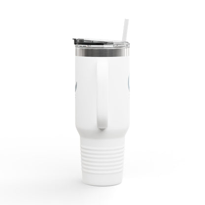 Stylish insulated 40 oz travel mug with the MoonShadow and MoonLight logo and straw.