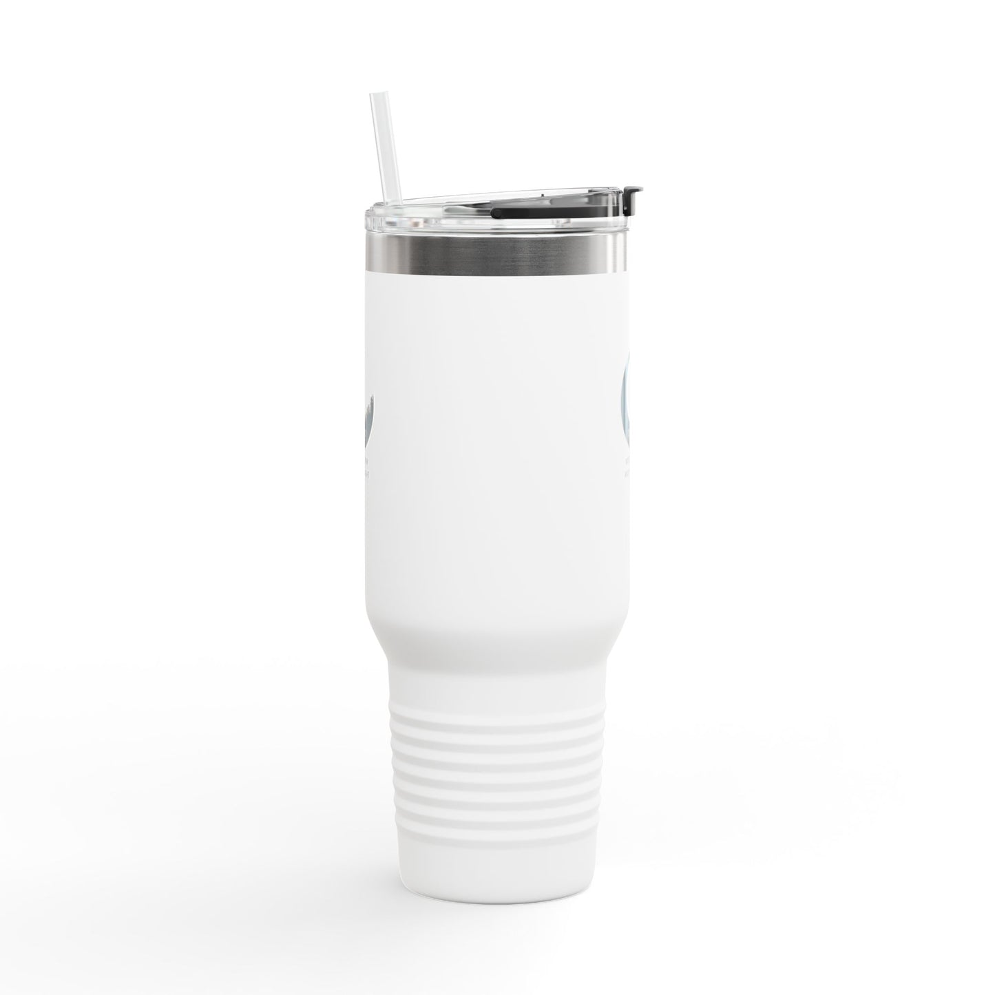 Stylish insulated 40 oz travel mug with the MoonShadow and MoonLight logo and straw.
