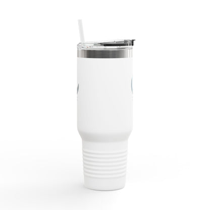 Stylish insulated 40 oz travel mug with the MoonShadow and MoonLight logo and straw.