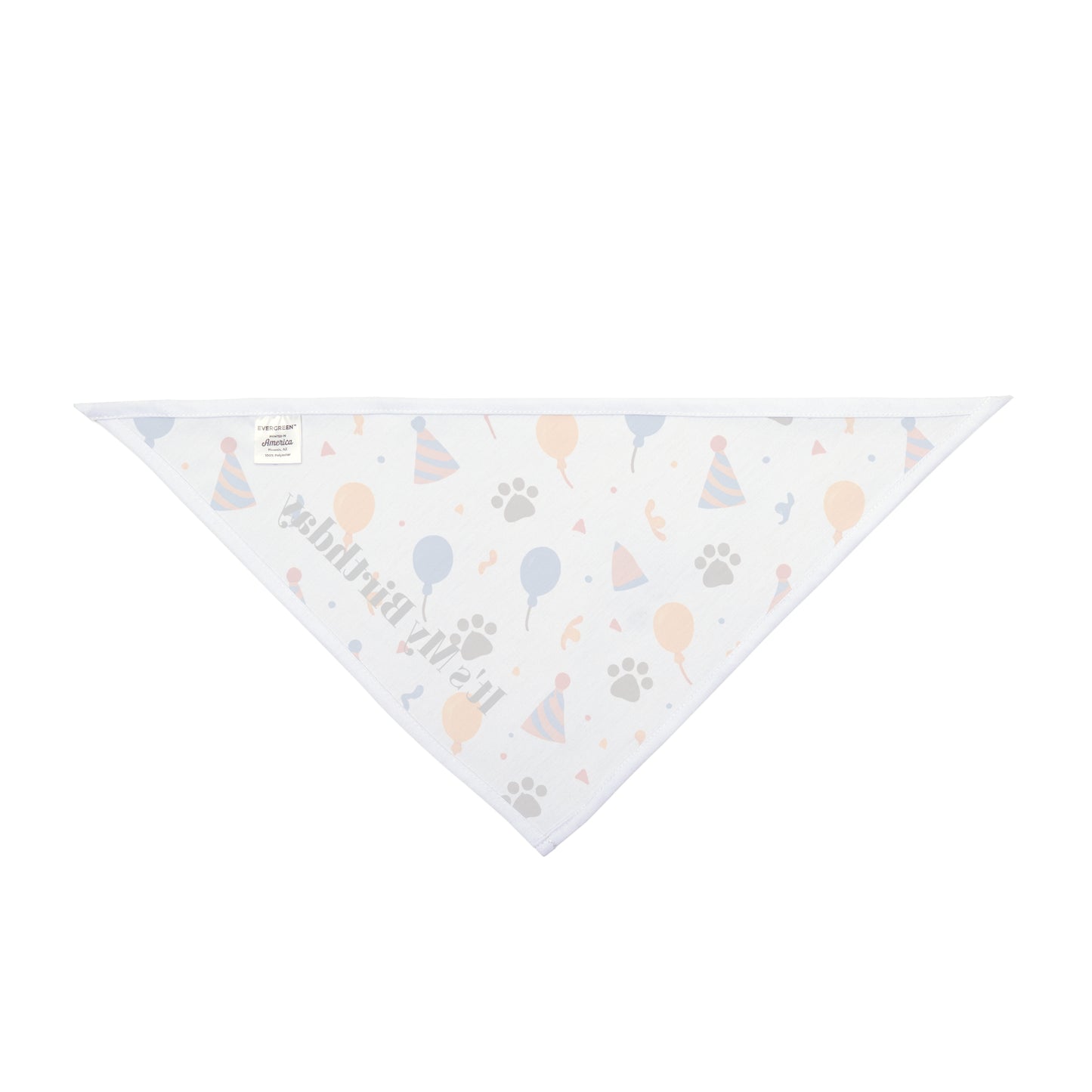 "It’s My Birthday" dog bandana, featuring a white background with colorful balloons, paw prints, and party hats. Perfect for celebrating your dog’s special day, this festive accessory adds a fun and cheerful touch to birthday photos, parties, and gatherings.