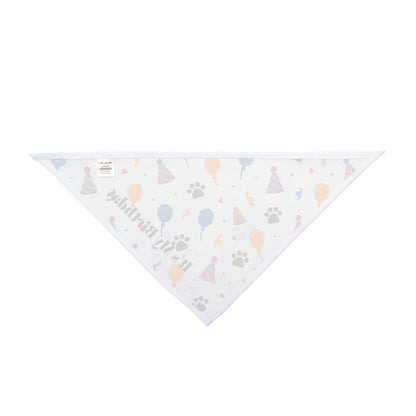 "It’s My Birthday" dog bandana, featuring a white background with colorful balloons, paw prints, and party hats. Perfect for celebrating your dog’s special day, this festive accessory adds a fun and cheerful touch to birthday photos, parties, and gatherings.