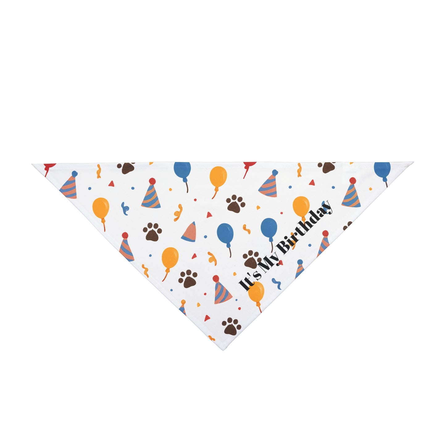 "It’s My Birthday" dog bandana, featuring a white background with colorful balloons, paw prints, and party hats. Perfect for celebrating your dog’s special day, this festive accessory adds a fun and cheerful touch to birthday photos, parties, and gatherings.
