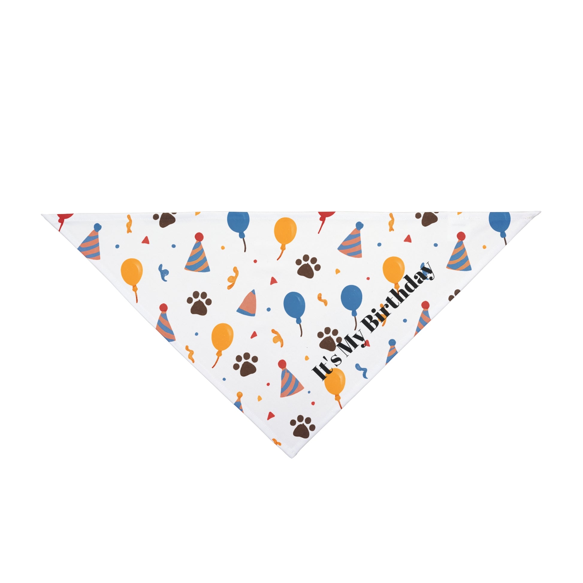 "It’s My Birthday" dog bandana, featuring a white background with colorful balloons, paw prints, and party hats. Perfect for celebrating your dog’s special day, this festive accessory adds a fun and cheerful touch to birthday photos, parties, and gatherings.