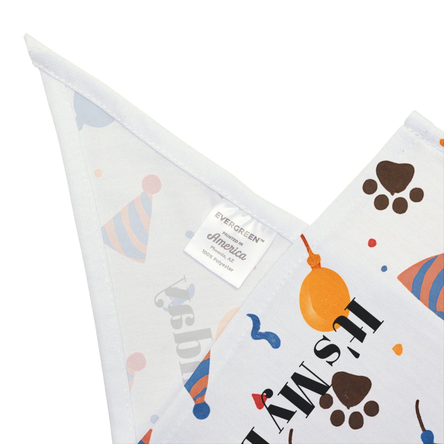 "It’s My Birthday" dog bandana, featuring a white background with colorful balloons, paw prints, and party hats. Perfect for celebrating your dog’s special day, this festive accessory adds a fun and cheerful touch to birthday photos, parties, and gatherings.