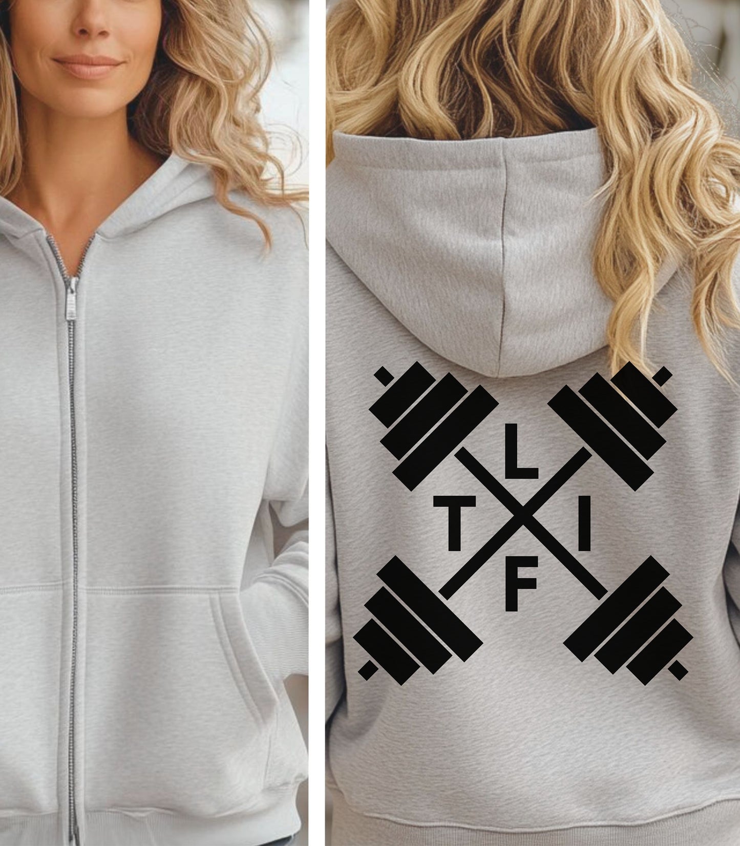 Ash hoodie with a white L-I-F-T and crossed barbells on the back, worn by a person.