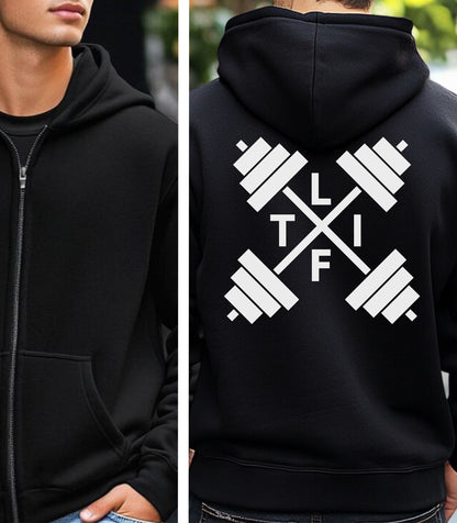 Black hoodie with a white L-I-F-T and crossed barbells on the back, worn by a person.
