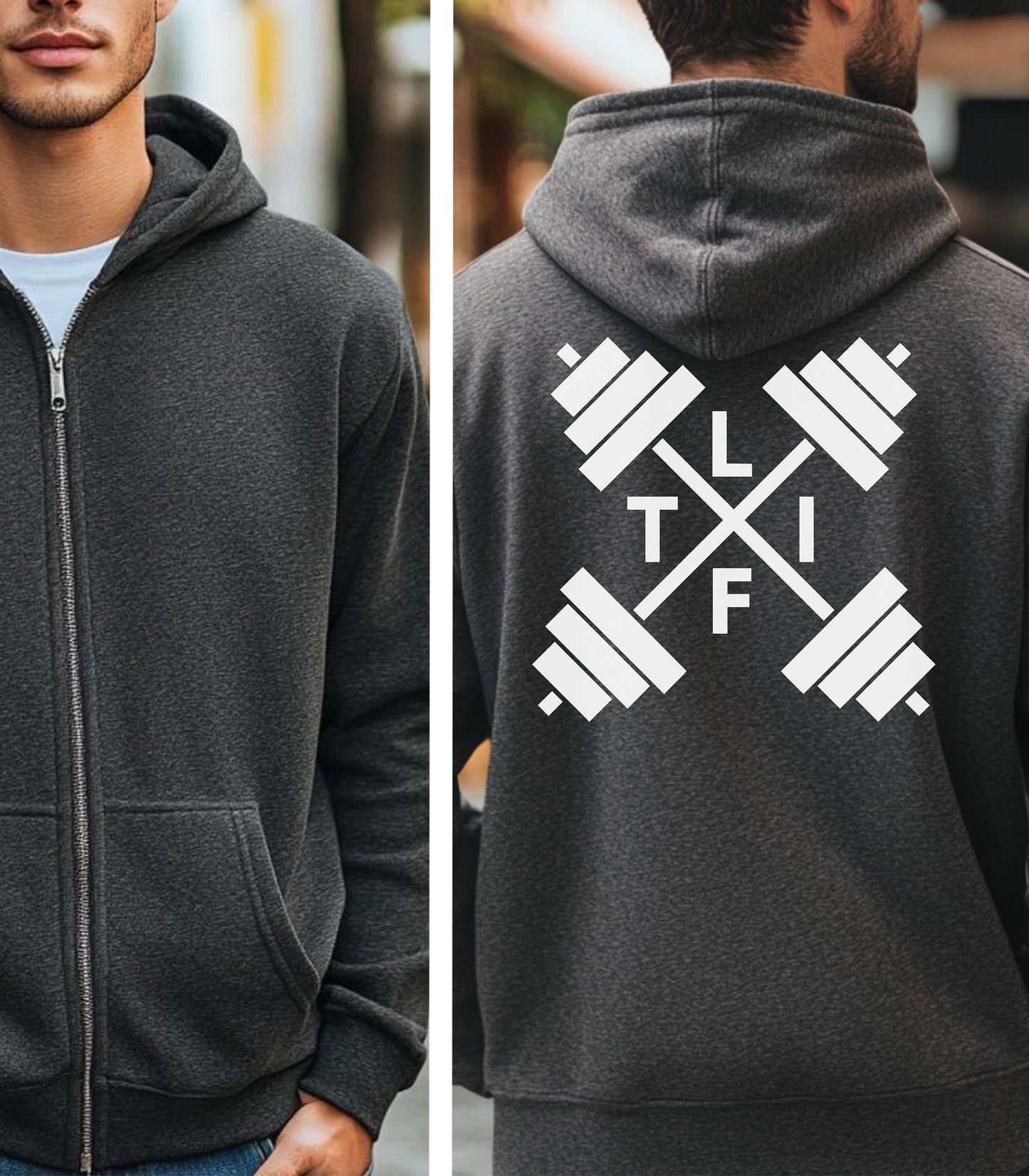 Dark Heather hoodie with a white L-I-F-T and crossed barbells on the back, worn by a person.