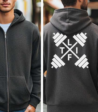 Dark Heather hoodie with a white L-I-F-T and crossed barbells on the back, worn by a person.