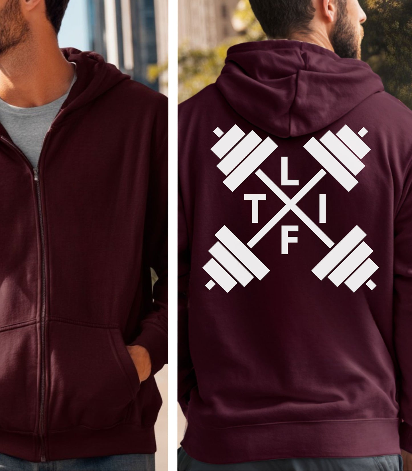 Maroon hoodie with a white L-I-F-T and crossed barbells on the back, worn by a person.