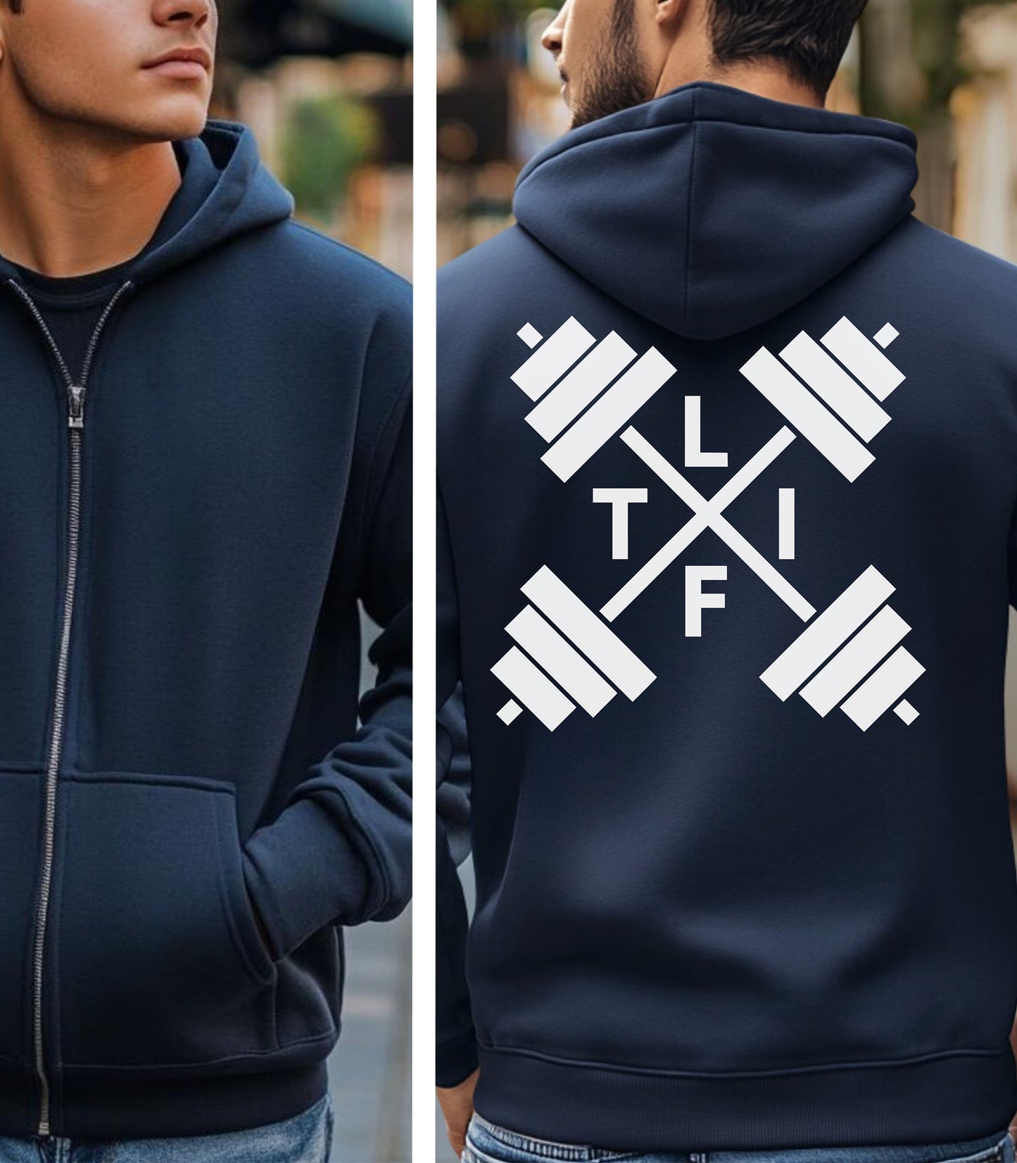 Navy hoodie with a white L-I-F-T and crossed barbells on the back, worn by a person.