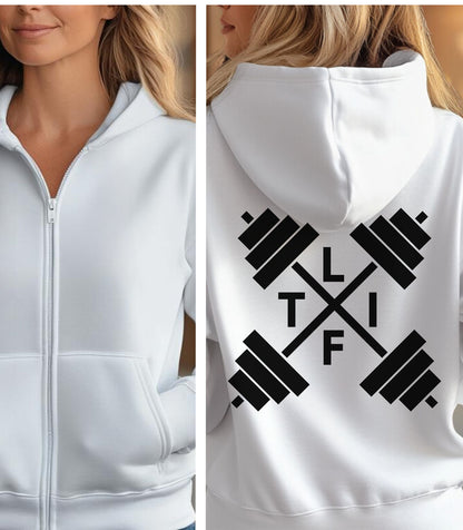 White hoodie with a white L-I-F-T and crossed barbells on the back, worn by a person.