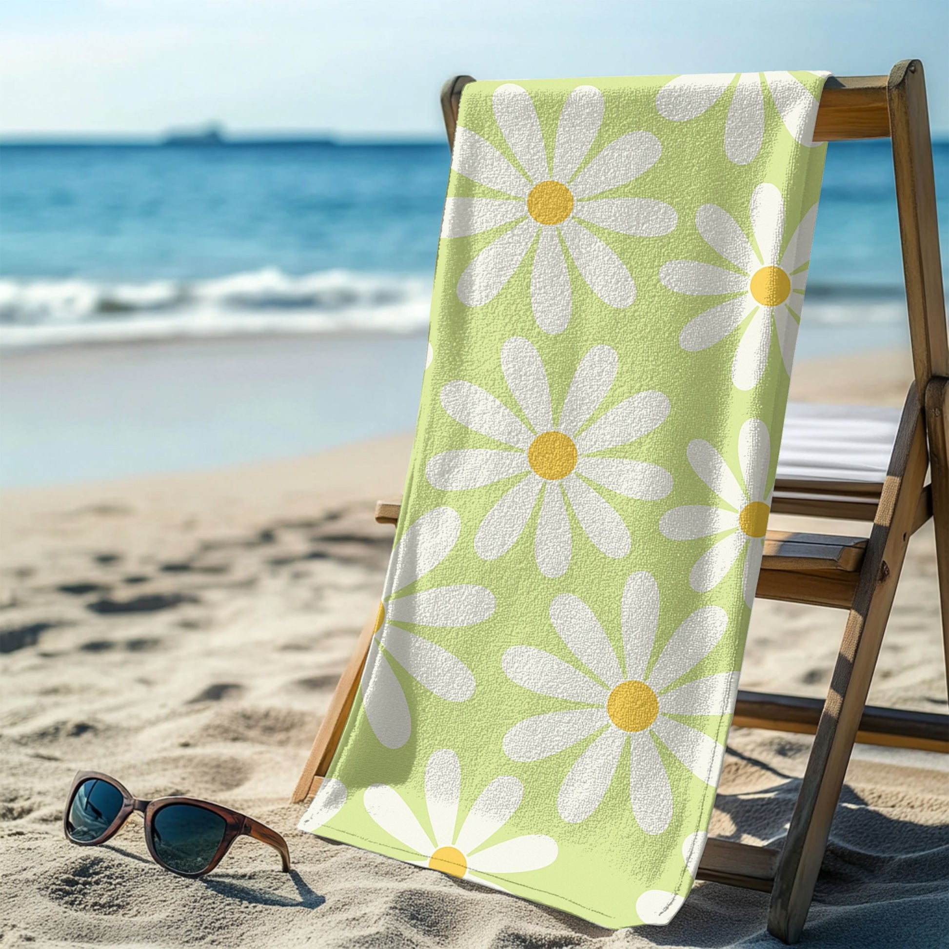 Light green beach towel draped over a wooden lounge chair, featuring a cheerful retro daisy pattern with large white petals and yellow centers. Set on a sunny beach with ocean waves in the background and sunglasses in the sand, this towel brings playful vintage vibes to any seaside or poolside day.