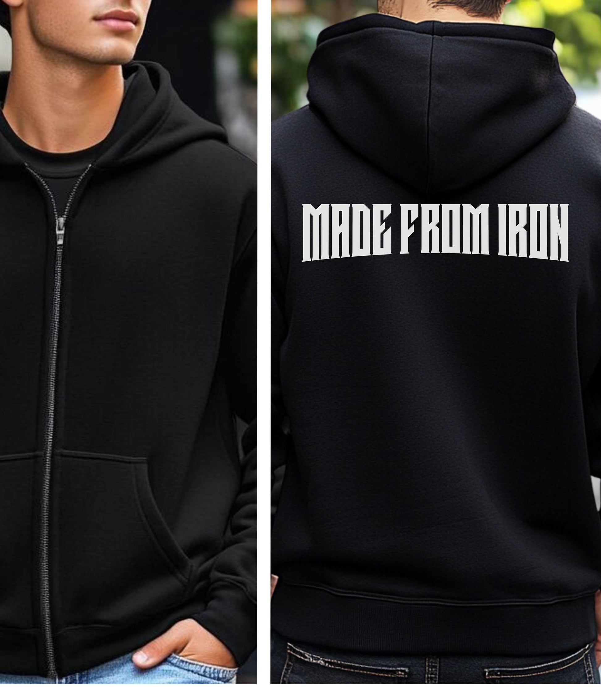 Sport Grey Gildan hoodie with bold white strong text “MADE FROM IRON” across the upper back. A powerful minimalist design that symbolizes strength, resilience, and a relentless gym mindset—ideal for fitness enthusiasts who train hard and live strong.