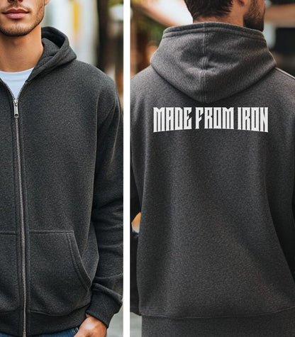Dark Heather Gildan hoodie with bold white strong text “MADE FROM IRON” across the upper back. A powerful minimalist design that symbolizes strength, resilience, and a relentless gym mindset—ideal for fitness enthusiasts who train hard and live strong.