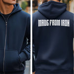 Navy Gildan hoodie with bold white strong text “MADE FROM IRON” across the upper back. A powerful minimalist design that symbolizes strength, resilience, and a relentless gym mindset—ideal for fitness enthusiasts who train hard and live strong.