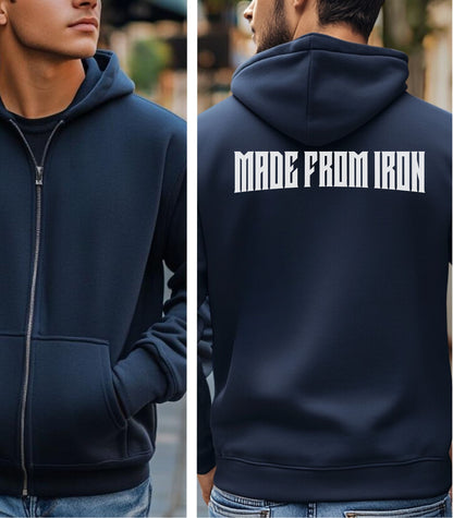 Navy Gildan hoodie with bold white strong text “MADE FROM IRON” across the upper back. A powerful minimalist design that symbolizes strength, resilience, and a relentless gym mindset—ideal for fitness enthusiasts who train hard and live strong.