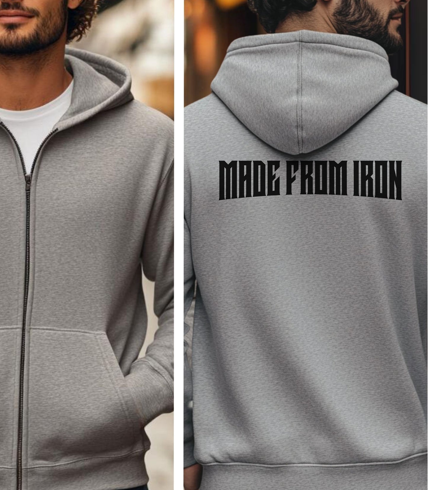 Sport Grey Gildan hoodie with bold strong text “MADE FROM IRON” across the upper back. A powerful minimalist design that symbolizes strength, resilience, and a relentless gym mindset—ideal for fitness enthusiasts who train hard and live strong.