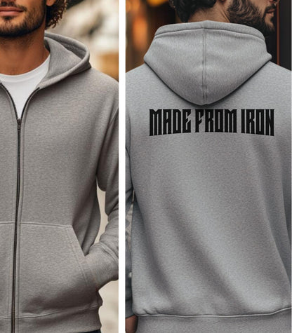 Sport Grey Gildan hoodie with bold strong text “MADE FROM IRON” across the upper back. A powerful minimalist design that symbolizes strength, resilience, and a relentless gym mindset—ideal for fitness enthusiasts who train hard and live strong.
