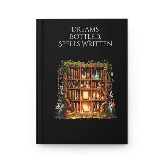 Hardcover Journal with a magical bookshelf illustration and 'Dreams Bottled, Spells Written' text on a black background