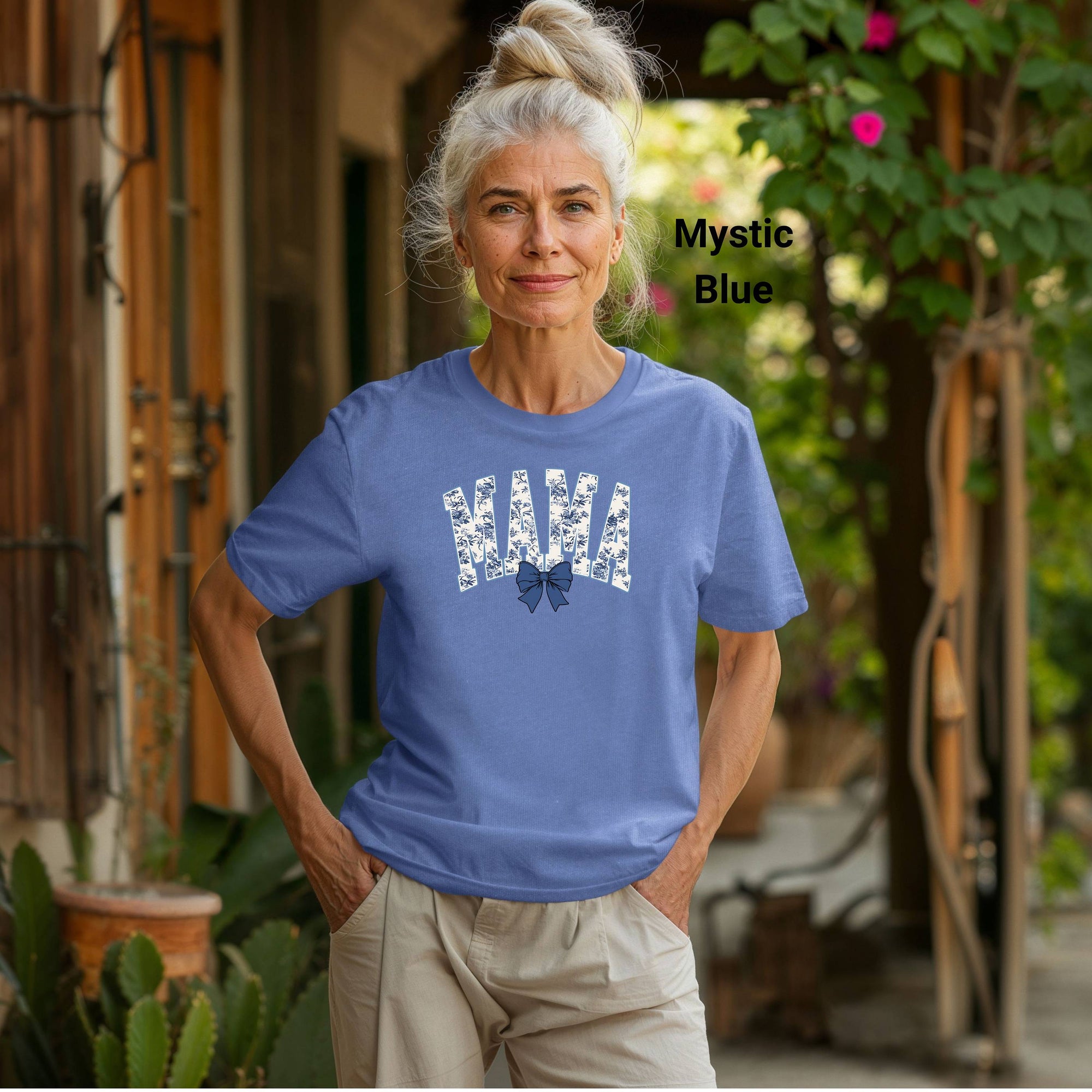 Mama Tshirt, Mother's Day Gift, Casual Wear, Family Reunion, MAMA Blue Toile Bow TShirt, Vintage Floral Mama Shirt for Moms, Coquette Bow