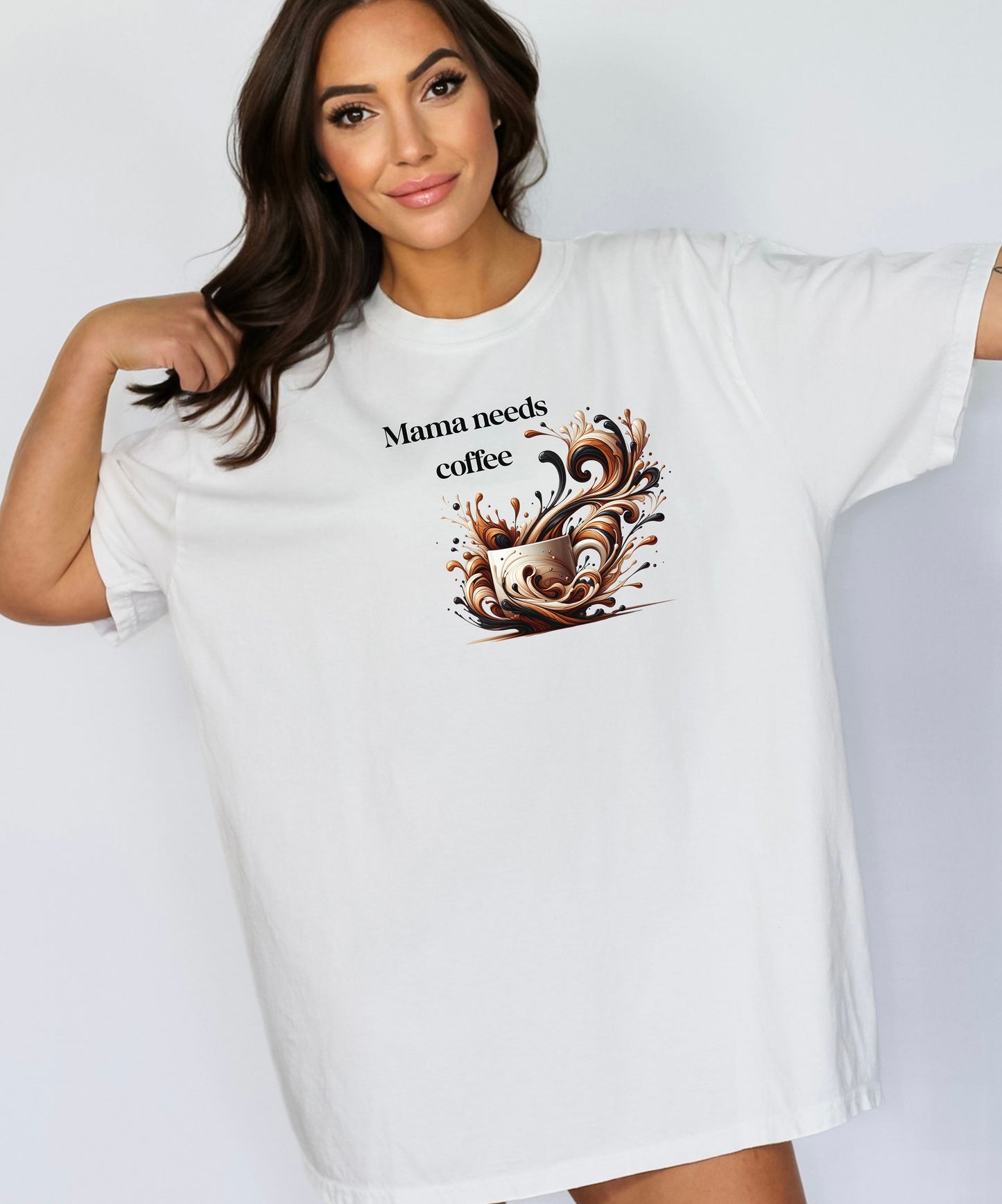 Artistic white t-shirt design featuring a white coffee cup surrounded by dynamic swirls of coffee, cream, and espresso in rich browns and blacks. Bold and expressive, black "Mama needs coffee" text this design captures the energy and chaos of caffeine cravings—perfect for moms who run on coffee and need a stylish way to show it.
