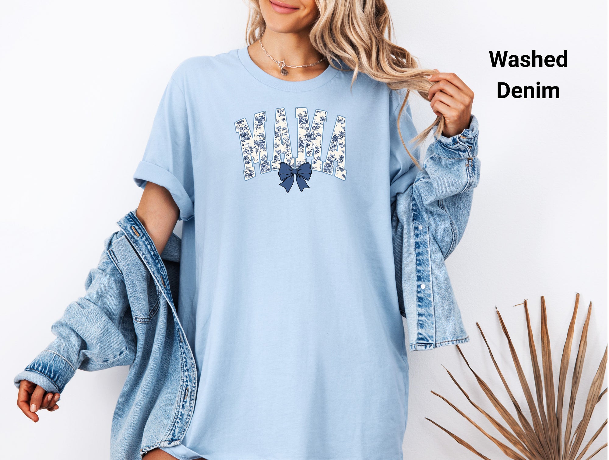 Mama Tshirt, Mother's Day Gift, Casual Wear, Family Reunion, MAMA Blue Toile Bow TShirt, Vintage Floral Mama Shirt for Moms, Coquette Bow