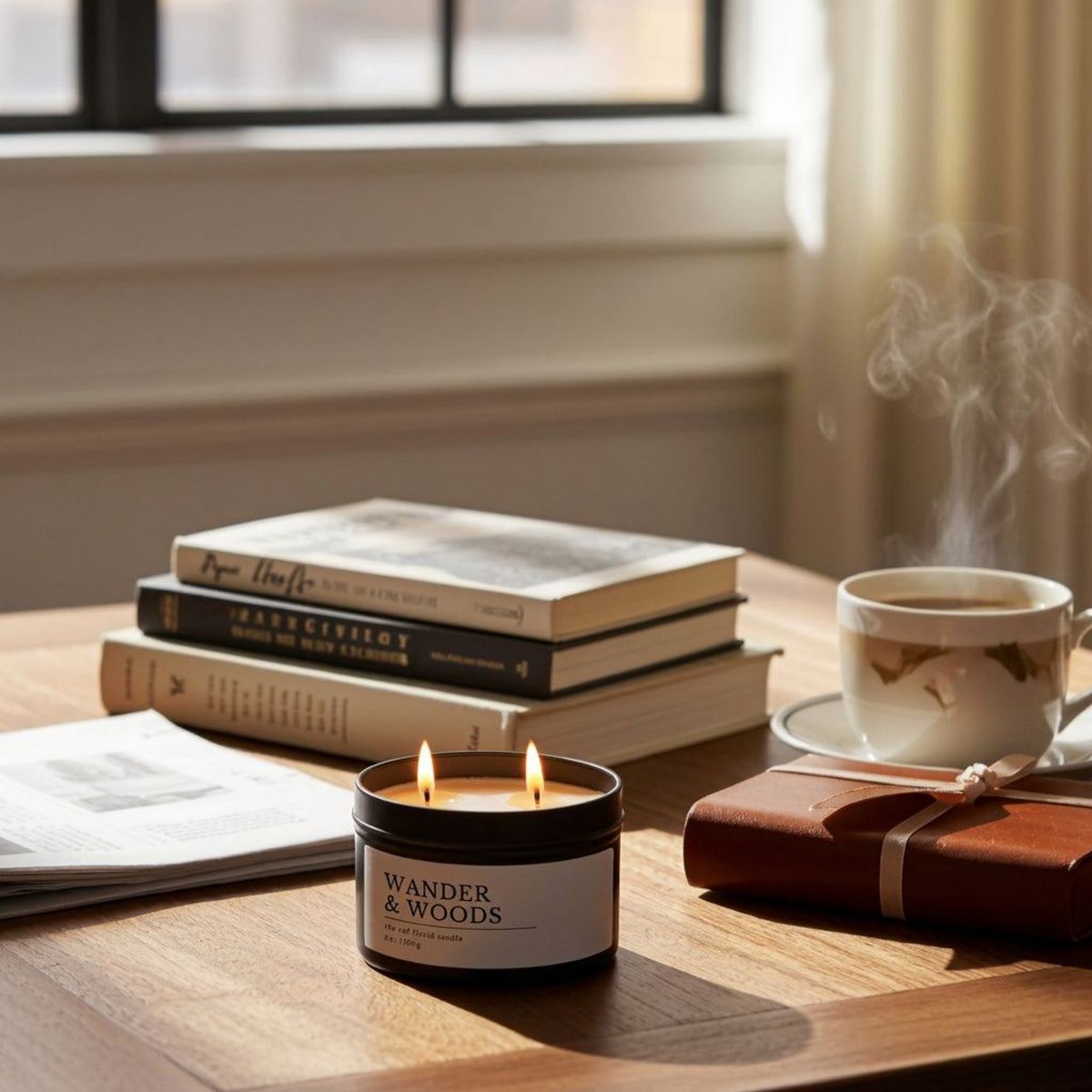 Wander & Woods, Vanilla Sandalwood Candle, Warm Boho Scent