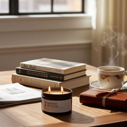 Wander & Woods, Vanilla Sandalwood Candle, Warm Boho Scent