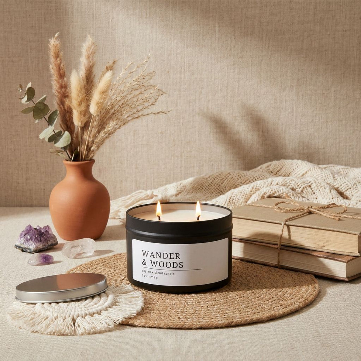 Wander & Woods, Vanilla Sandalwood Candle, Warm Boho Scent