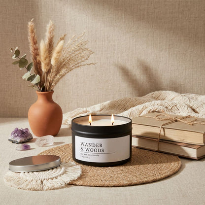 Wander & Woods, Vanilla Sandalwood Candle, Warm Boho Scent