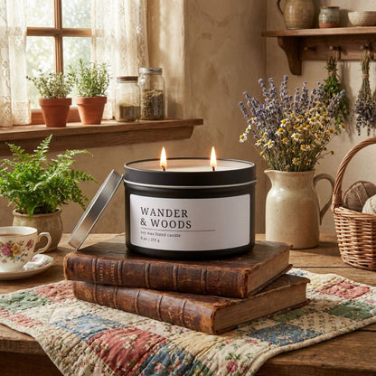 Wander & Woods, Vanilla Sandalwood Candle, Warm Boho Scent