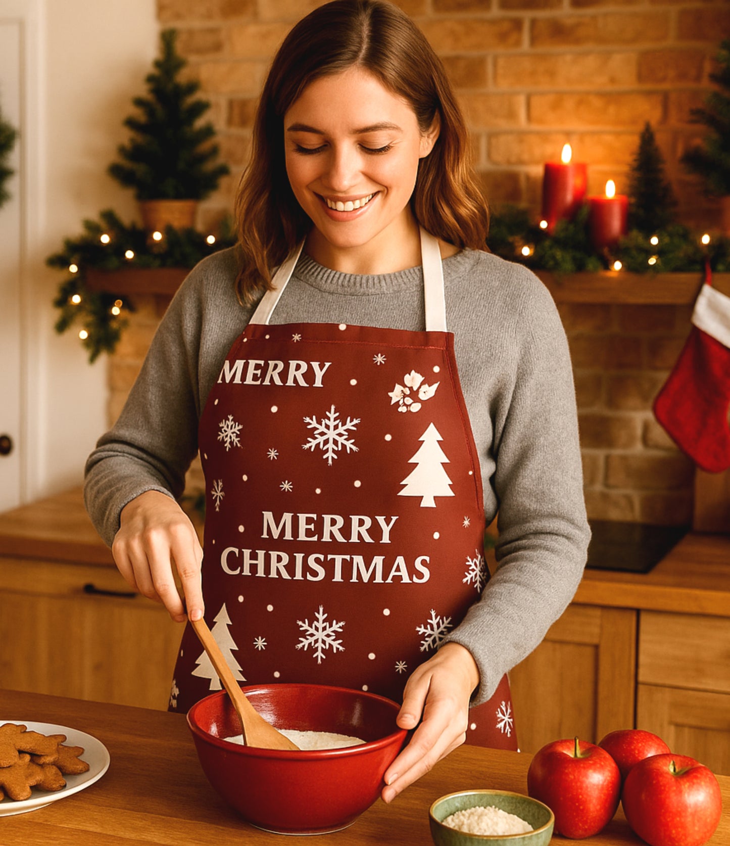 Dark red Christmas apron with white snowflakes, trees, reindeer, and festive text reading “Merry Christmas,” perfect for holiday baking and cooking.