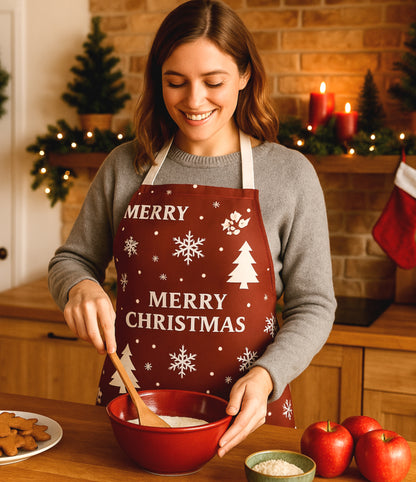 Dark red Christmas apron with white snowflakes, trees, reindeer, and festive text reading “Merry Christmas,” perfect for holiday baking and cooking.