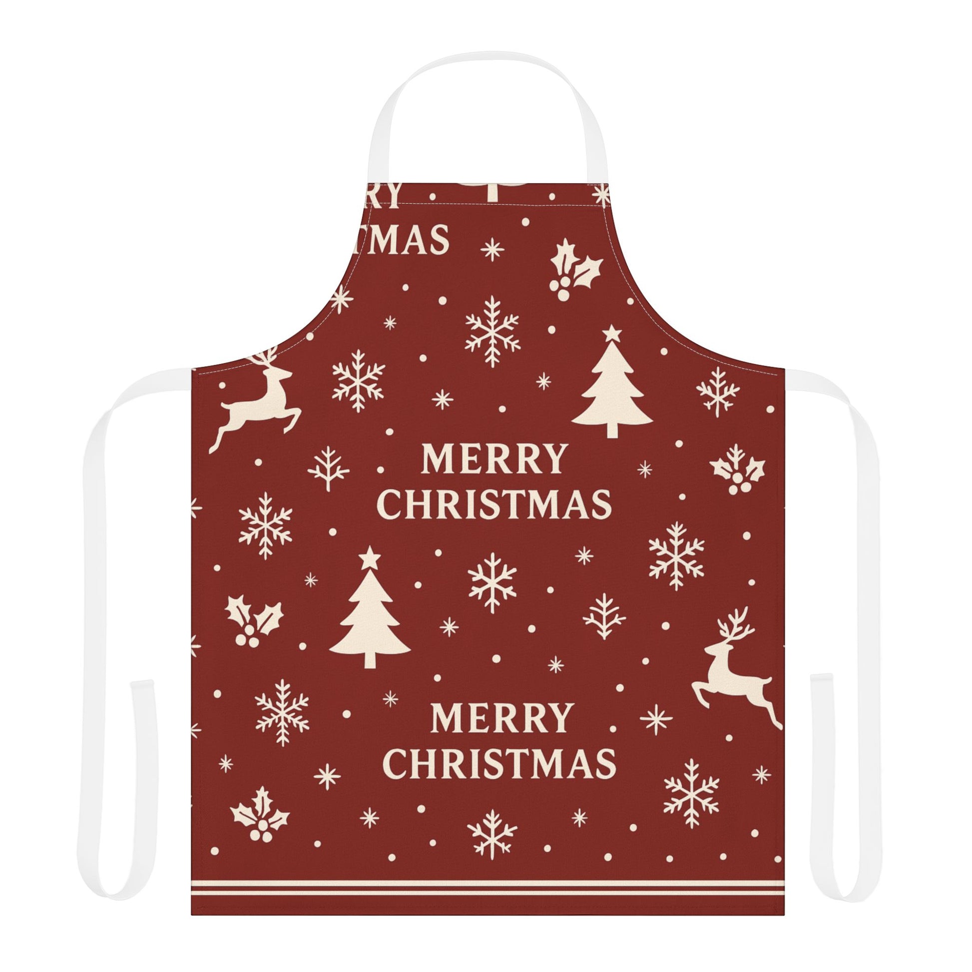 Dark red Christmas apron with white snowflakes, trees, reindeer, and festive text reading “Merry Christmas,” perfect for holiday baking and cooking.