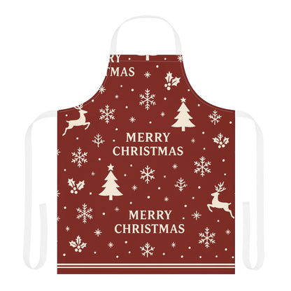 Dark red Christmas apron with white snowflakes, trees, reindeer, and festive text reading “Merry Christmas,” perfect for holiday baking and cooking.