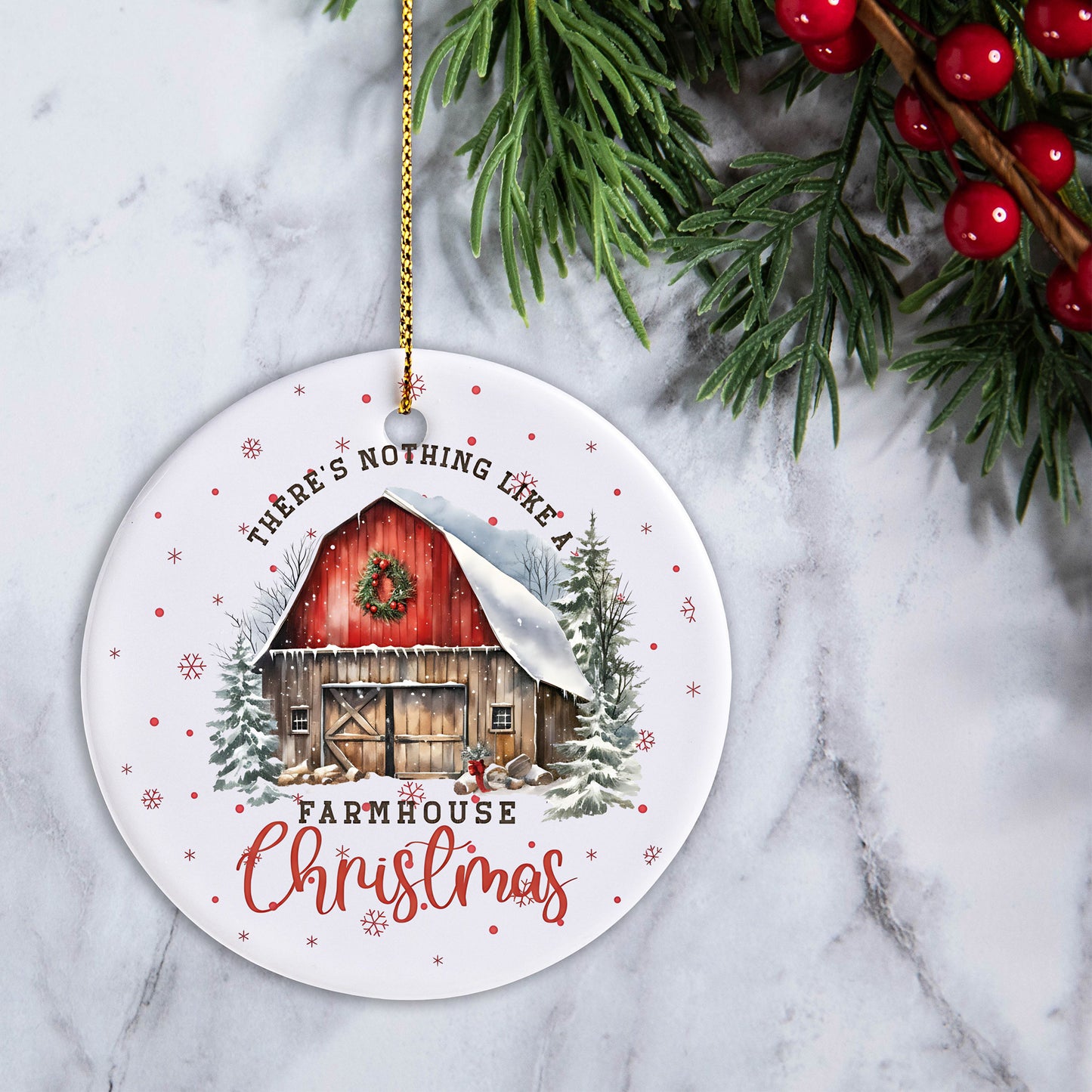 Farmhouse Christmas Ceramic Ornament, Rustic Holiday Decor, Holiday Keepsake