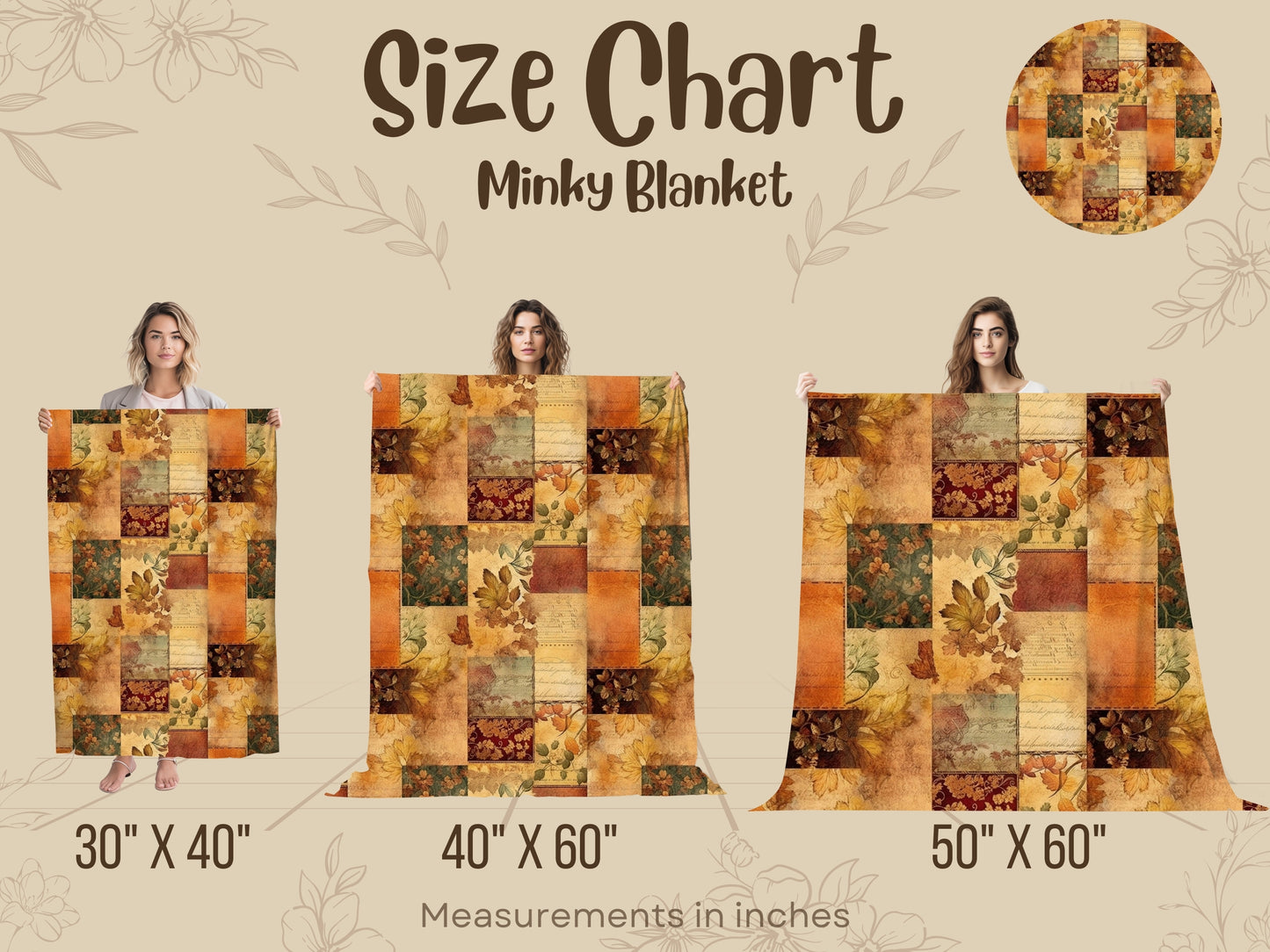 Size chart for a minky blanket with different dimensions and a person holding each size.