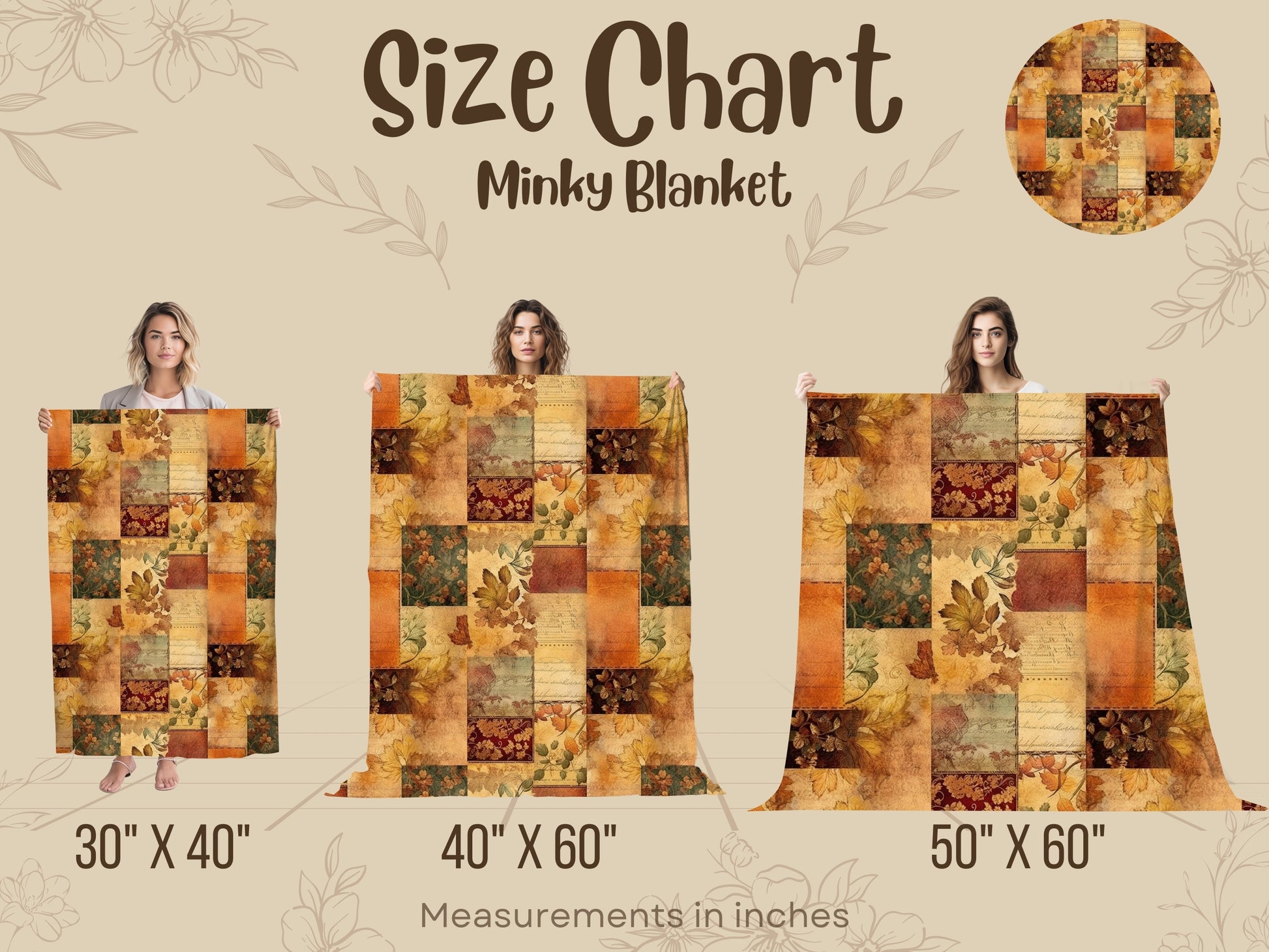 Size chart for a minky blanket with different dimensions and a person holding each size.