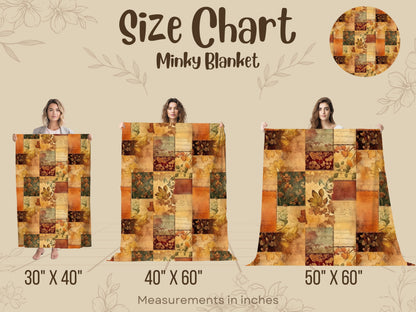Size chart for a minky blanket with different dimensions and a person holding each size.