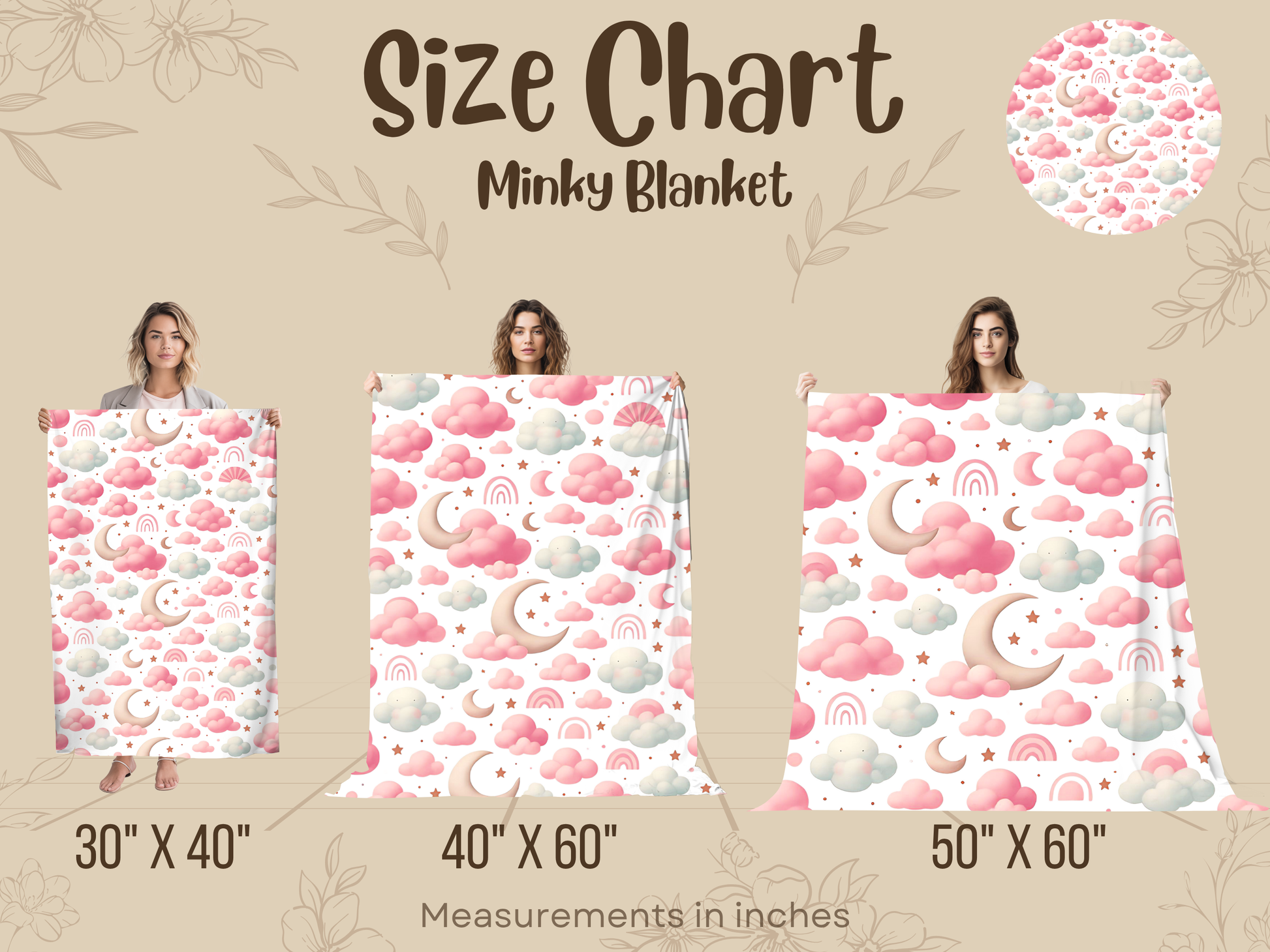 Minky_Blanket_Size Chart - Pink Clouds, Moons and Stars with rainbows