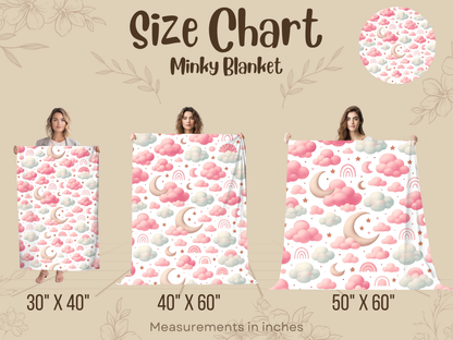 Minky_Blanket_Size Chart - Pink Clouds, Moons and Stars with rainbows